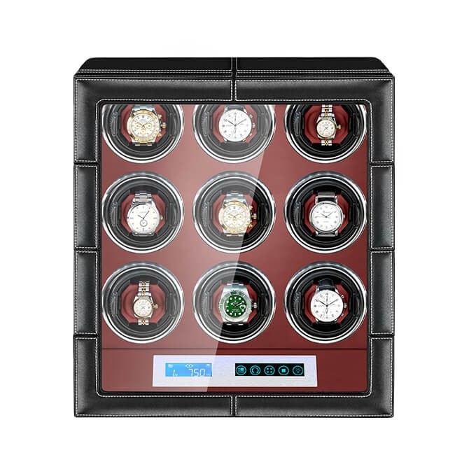 Écran LCD Remontoir de montre en cuir noir rouge 9 montres avec moteurs silencieux