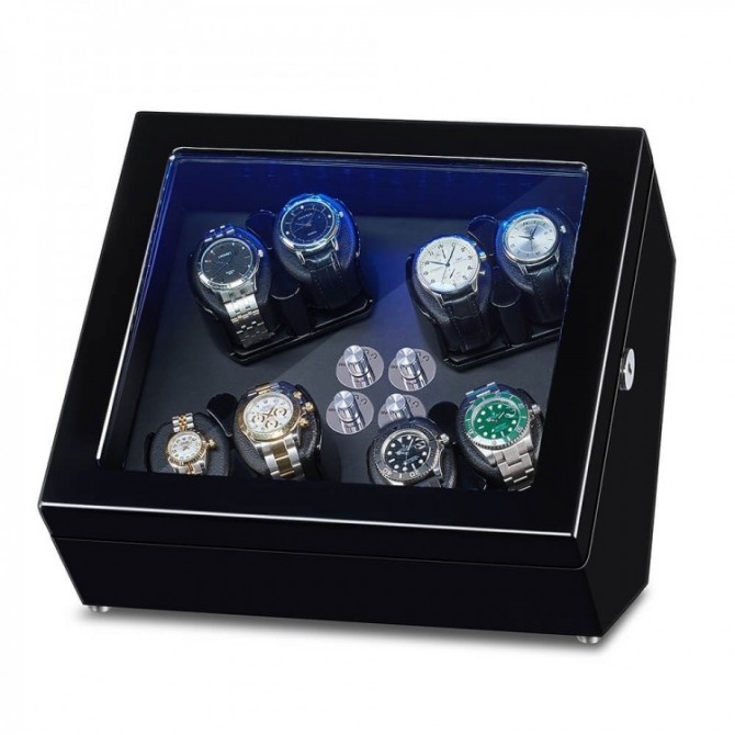 Boîte de remontoir de remontage avec éclairage intégré de 8 montres pour 8 espaces - Noir
